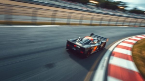 Blurred race car on track with playing card curb.