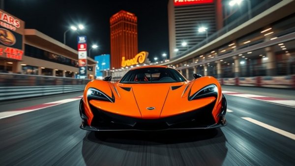 McLaren F1 car at Las Vegas Grand Prix, high-speed night race.