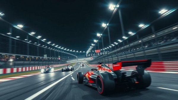 Formula One race under bright lights on a nighttime circuit.