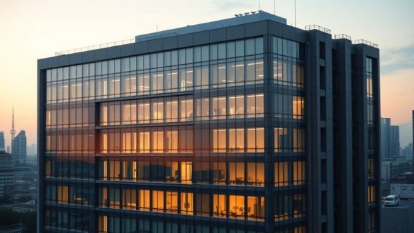 Modern office design in Tokyo with distinctive glass facade at twilight.