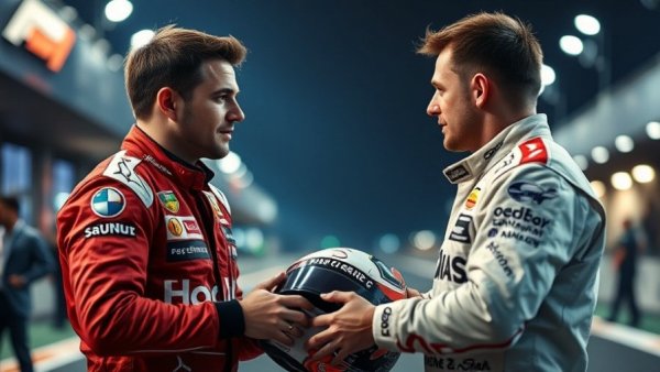 Formula 1 results discussion between two drivers in a pit lane.