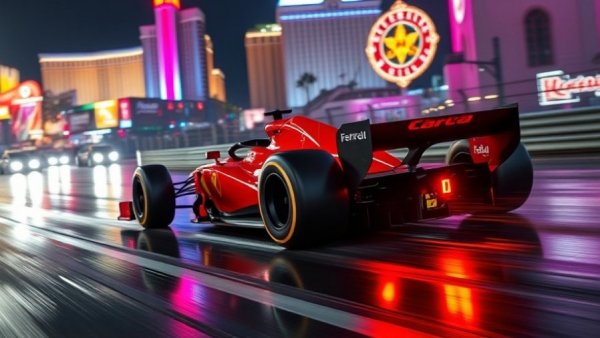Ferrari wet-weather performance under Las Vegas lights at night.