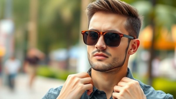 Young man in sunglasses outdoors, adjusting collar thoughtfully.