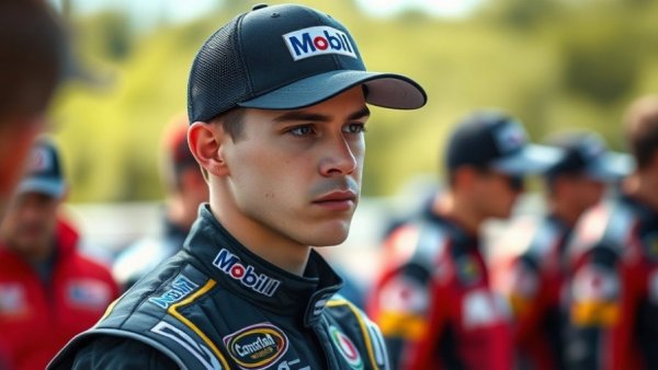 Brent Crews in NASCAR suit, focused expression at O'Reilly event.