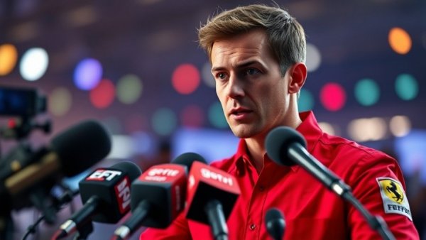 Formula One press conference with focused speaker in Ferrari gear.