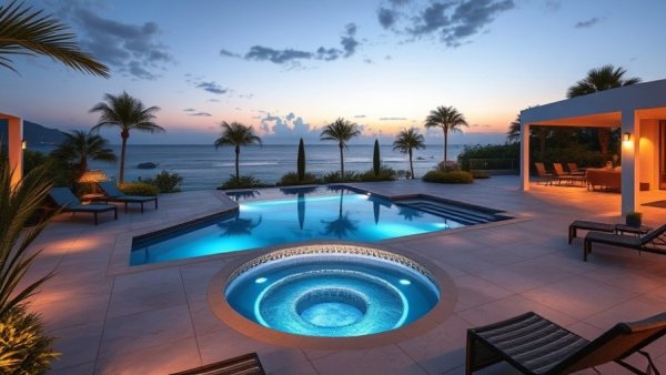 Swimming pool with Emser Tile Radiant Collection and modern design.