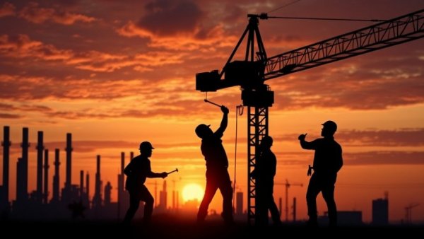 Silhouetted workers at a construction site with sunset backdrop, emphasizing digital collaboration in global construction.