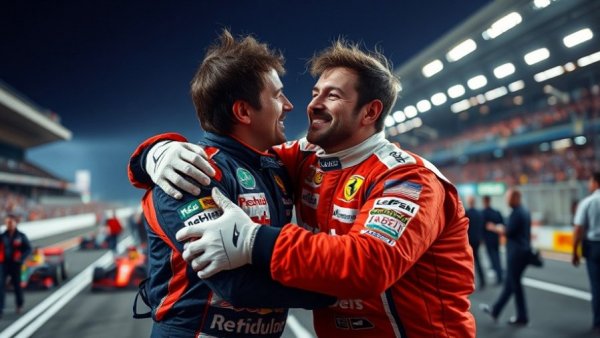 Formula 1 team celebrating victory at nighttime racetrack with bright lights.