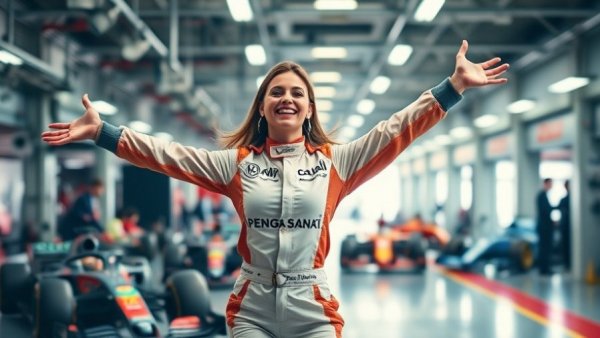Energetic woman in racing attire performing in a Formula 1 garage.