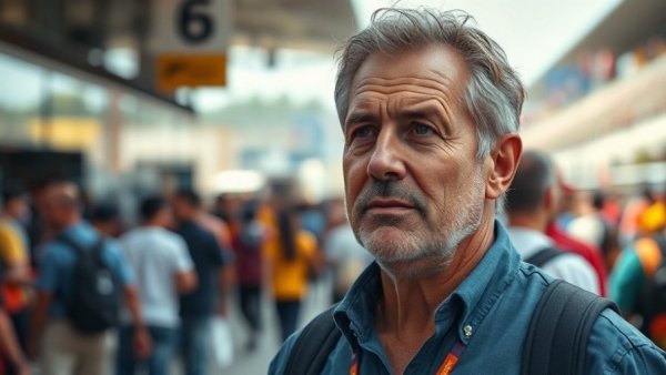 Mature man pondering amid bustling racetrack scene.