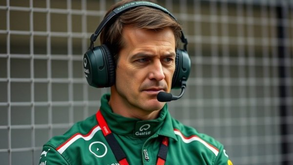 Formula One team member with headset, pensive expression in green uniform.