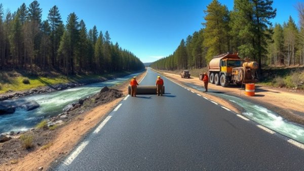 Construction workers applying slurry seal, forest and river background.