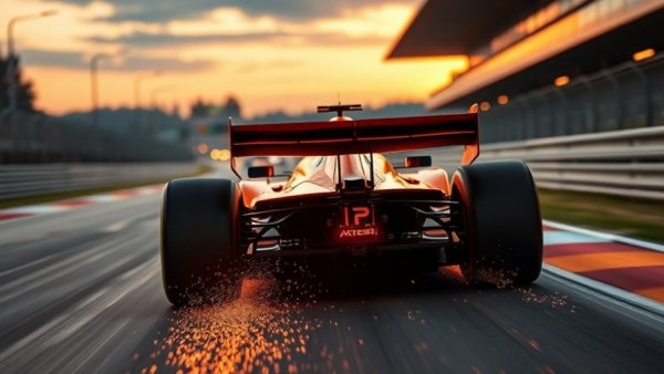 McLaren Formula 1 car sparking on track during night race.