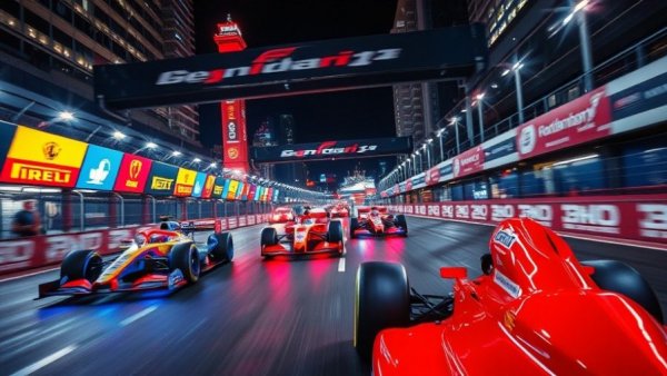 Exciting Formula One race at night with colorful cars and city backdrop.