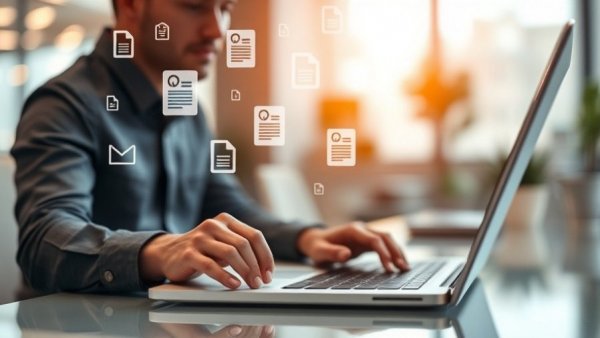 Person using a laptop with digital documents overlay, illustrating a digital form builder for construction.