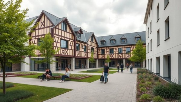 Modern timber-framed school in northern France with people outside.