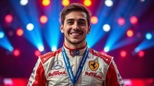 Formula 1 championship race driver proudly wearing a medal.