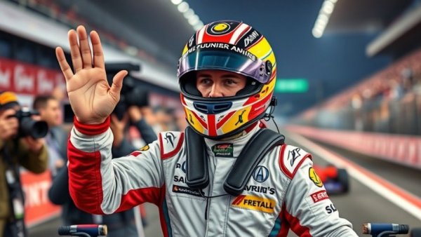 Energetic Formula One driver waving on busy racetrack with camera crew.