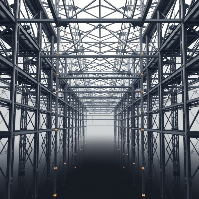 Architectural visualization of interconnected structures with geometric symmetry in charcoal and subtle gold.