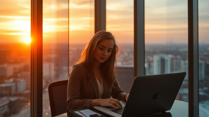 Female editor working late in high-rise office at dusk, with Next Advisor Media sign.