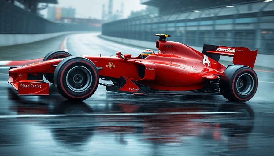 Formula One car racing on wet track during rain.