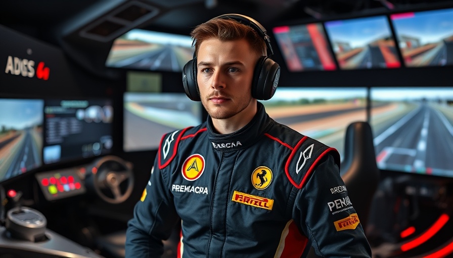 F1 simulator performance featuring professional driver in racing suit.