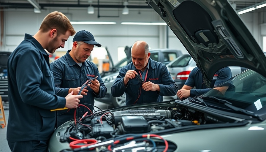 Technicians working on engine wiring harness performance in a modern garage.