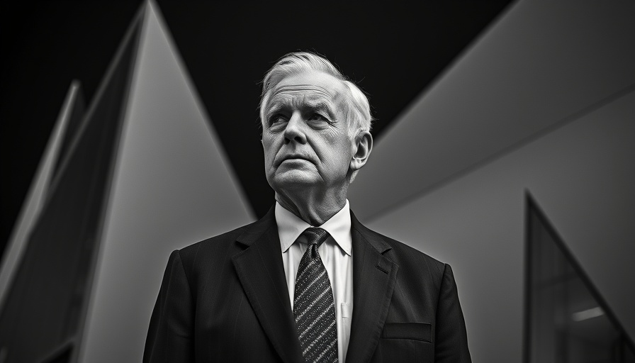 Eduardo Souto de Moura in front of modern architecture in black and white.