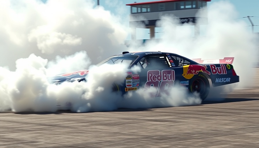 NASCAR car with Red Bull branding wins, performing burnout.