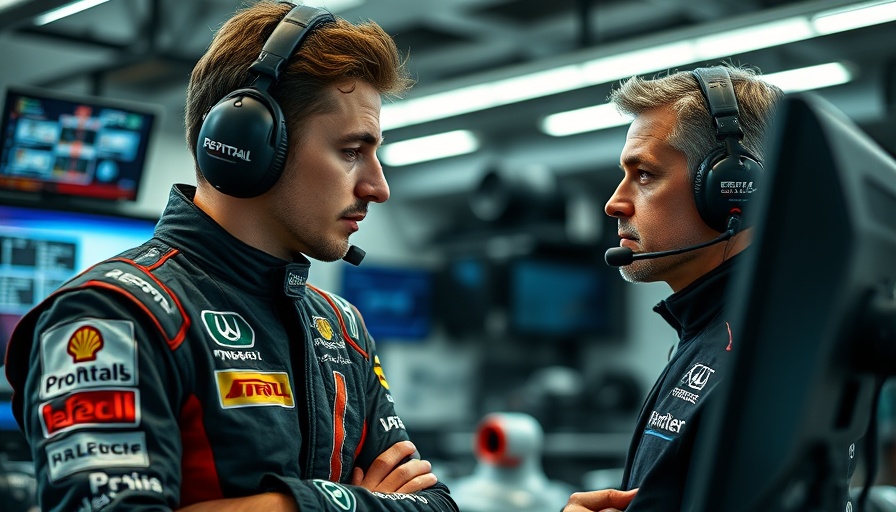 Focused race car driver discusses strategies in Formula One garage.