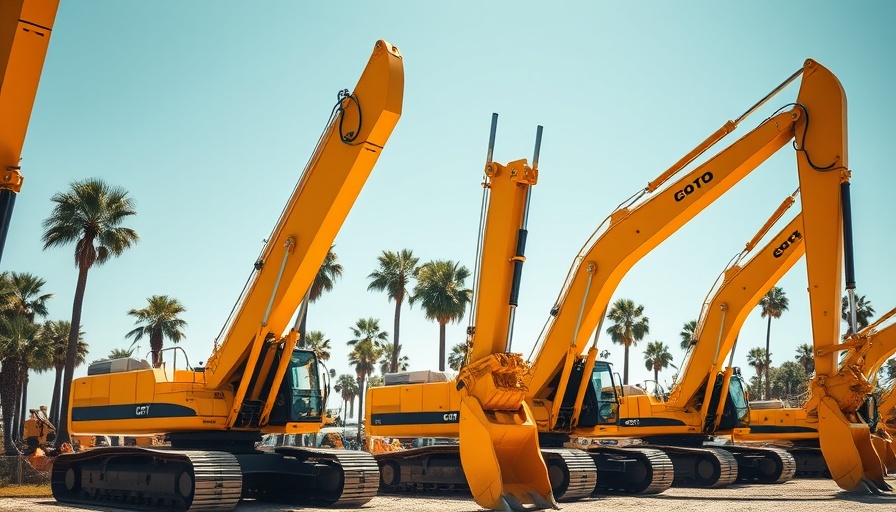 Line of yellow excavators in a sunny setting, Fleet Safety Trends 2025.