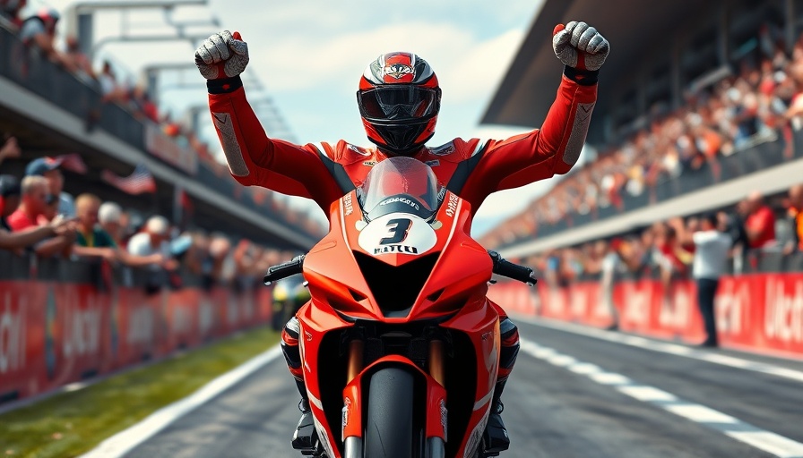 Triumphant motorcycle racer celebrating victory on the track.