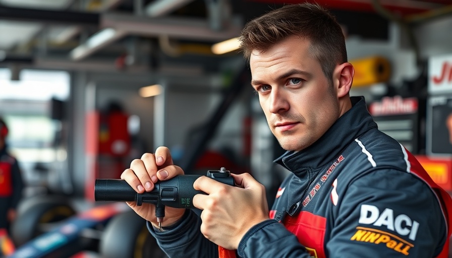 Focused pit crew member with tool preparing for F1 pit stop, explained.