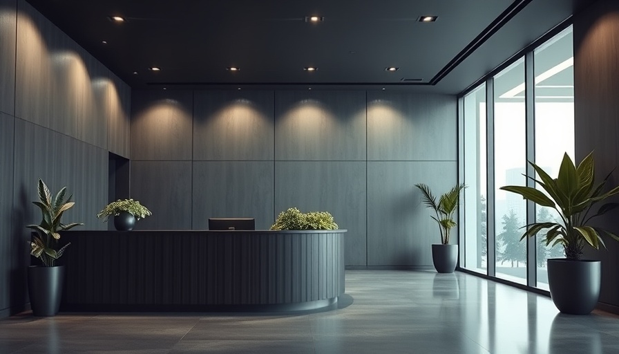 Modern sustainable corporate headquarters design with sleek reception area.