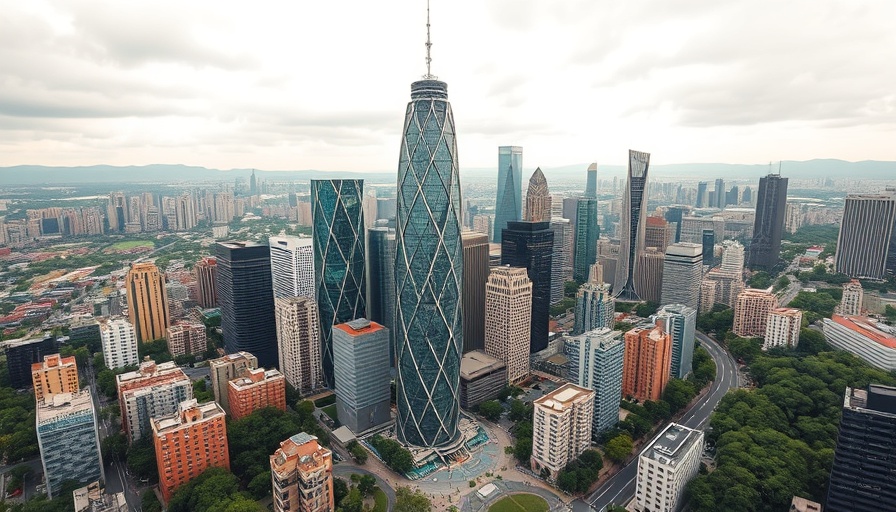Aerial view of JOMOO Headquarters office amidst urban skyline and trees.