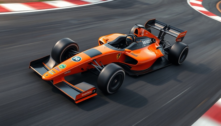 Sleek Formula One car racing on track, vibrant colors, motion blur.