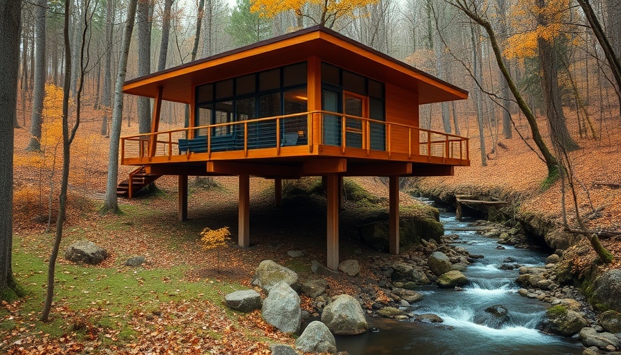 Modernist elevated cabin showcasing Roost Platform Architecture over a forest stream.