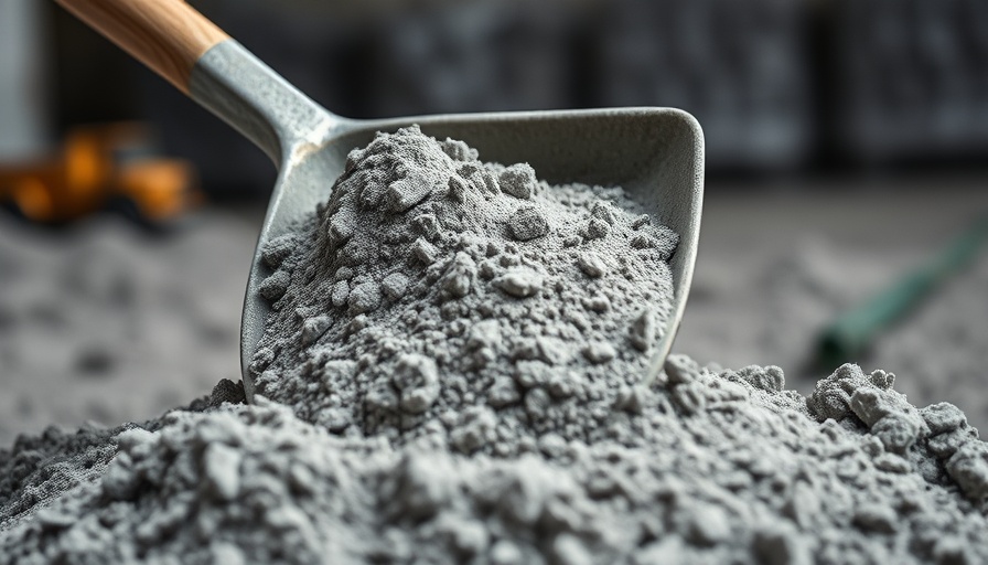 Gray concrete powder with shovel for low-carbon concrete projects.