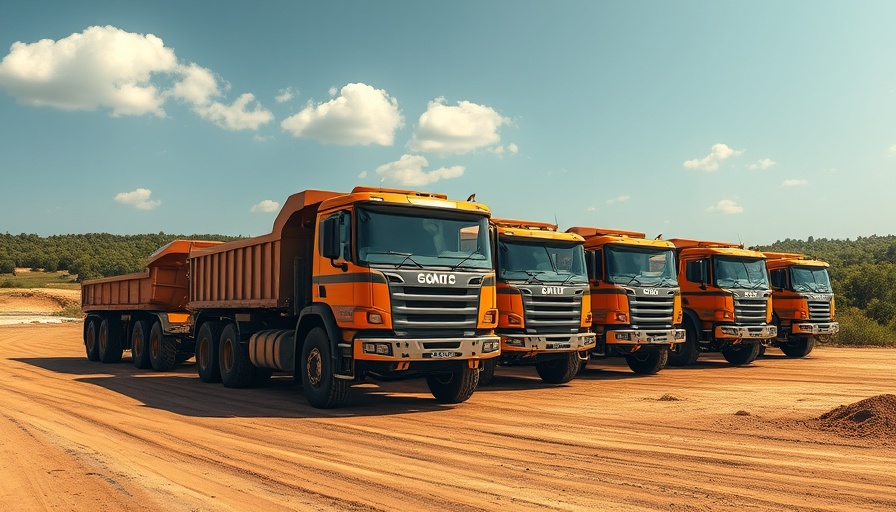 Line of parked dump trucks in open construction site under clear sky.