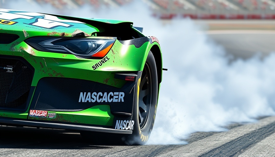 Damaged green NASCAR car at Brickyard 400 race track.