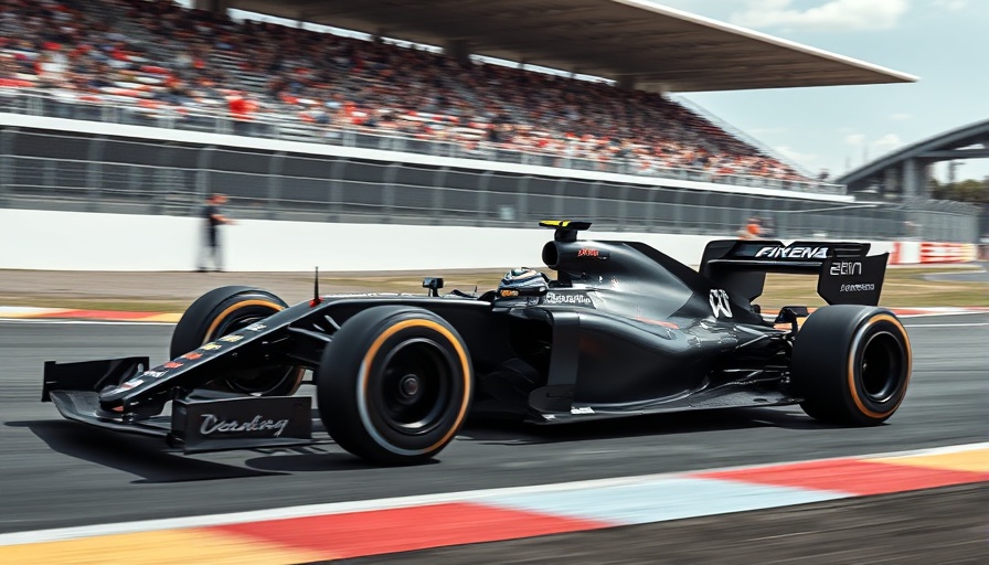 Sleek Formula 1 car racing on a vibrant track.