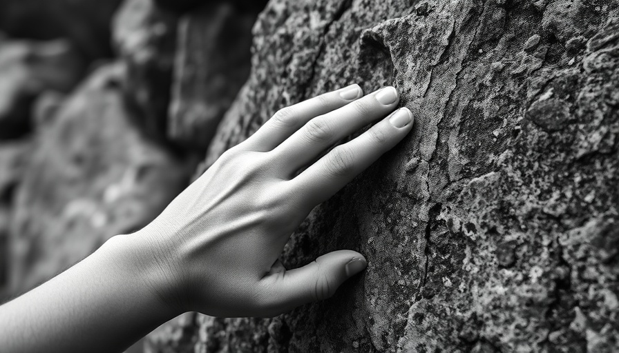Hand touching textured surface, Del Conca tile innovations.