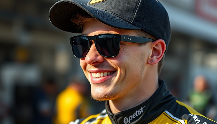 Carson Hocevar NASCAR driver smiling in sunglasses and a racing suit.