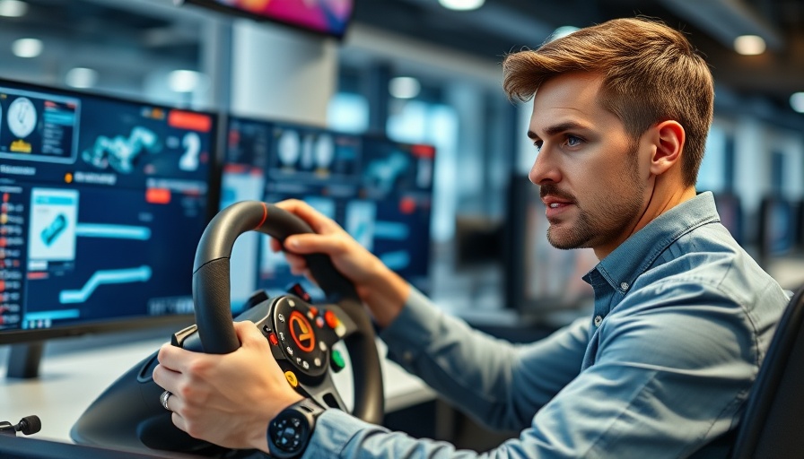 Young man explaining F1 steering wheel functions in an indoor setting.