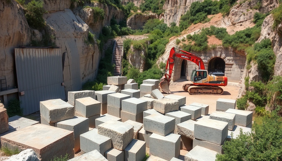 Quarry with large stone blocks and excavator for Brazilian stone imports.