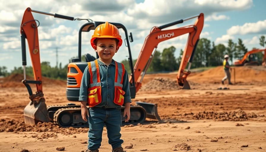 Young child with Hitachi construction machinery on a site.