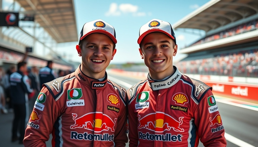 Formula 1 racers smiling in pit area with spectators behind.