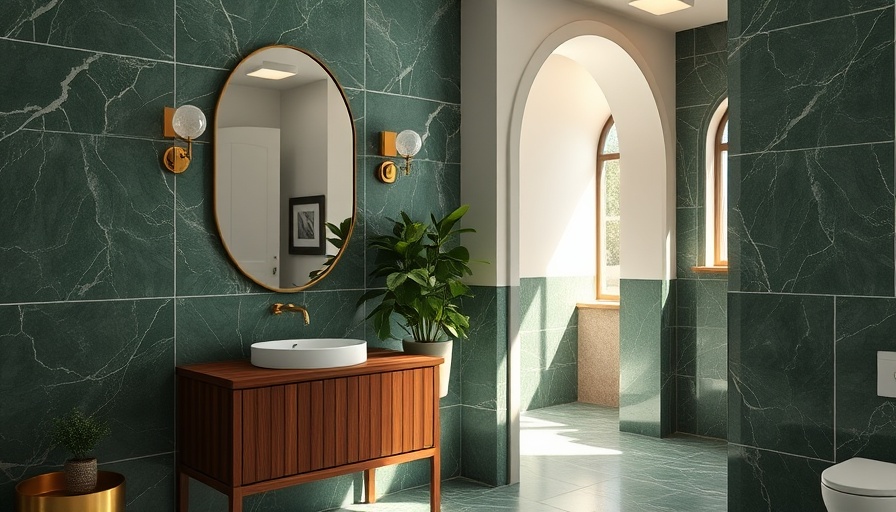 Modern bathroom with green marble tile and wooden vanity.