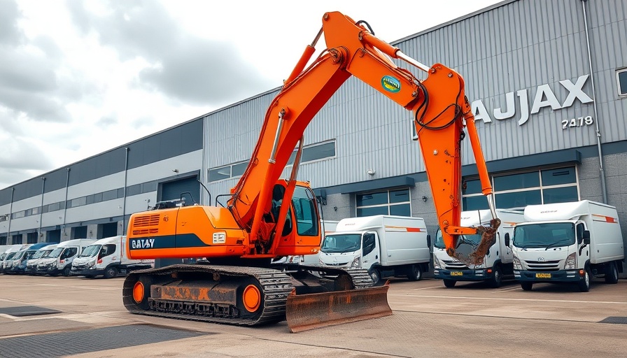 Excavator at Wajax warehouse demonstrating machinery reliability.