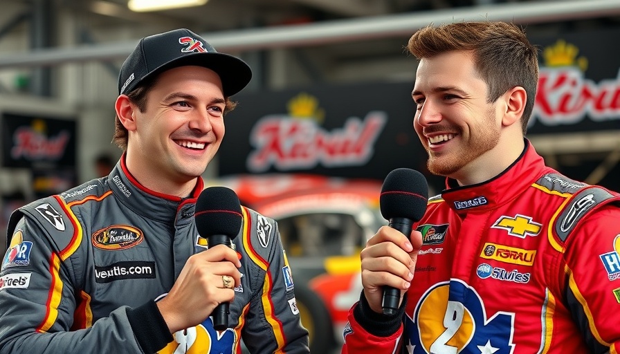 Two drivers in racing suits smiling during a stage interview.